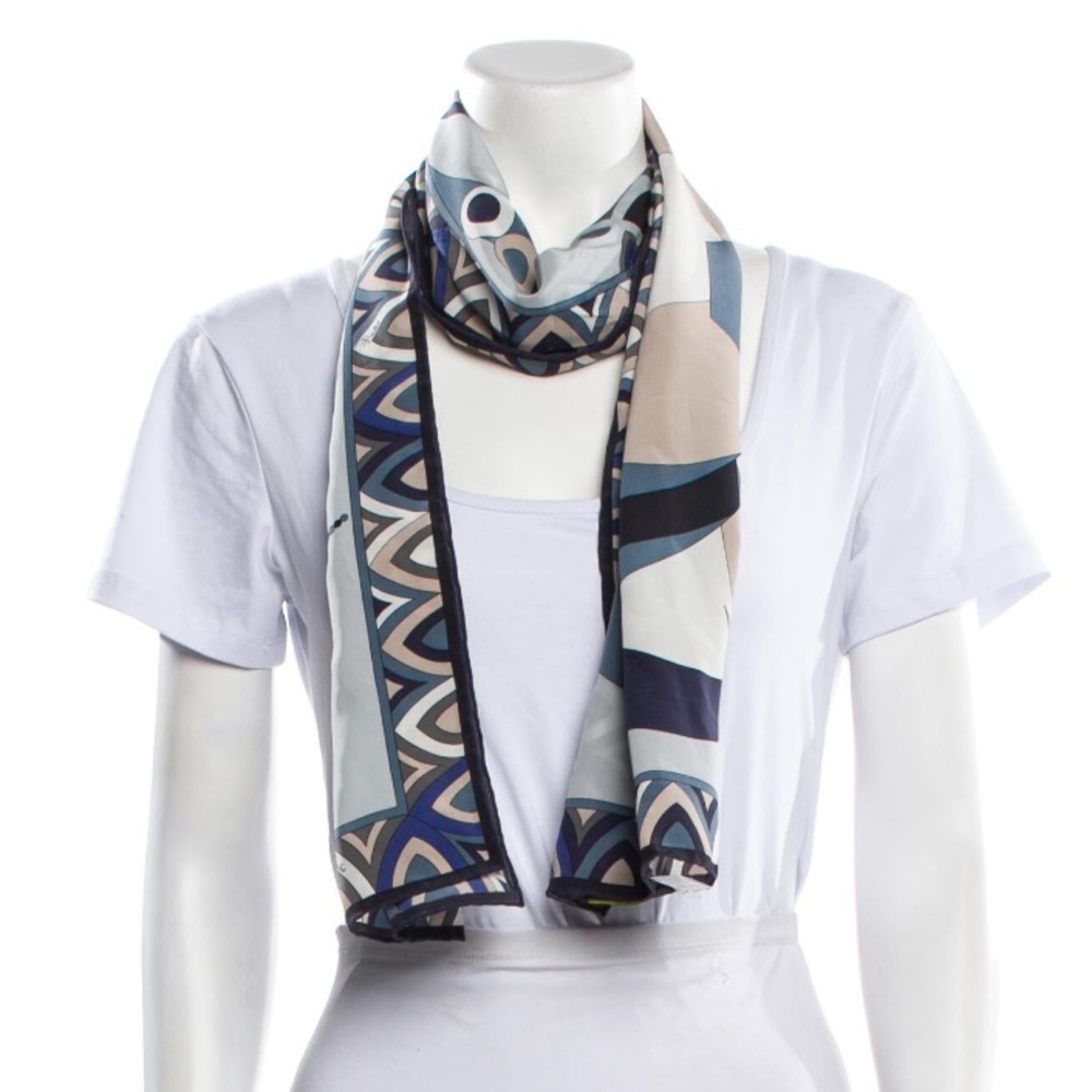 Emilio Pucci Blue and Cream Geometric Silk Scarf